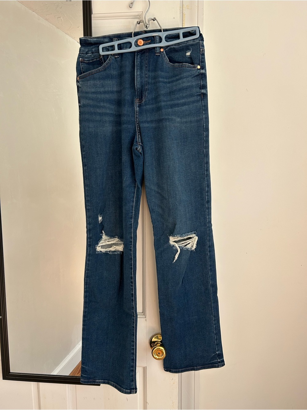 Express Dark Blue Flare Jeans with Knee Rips